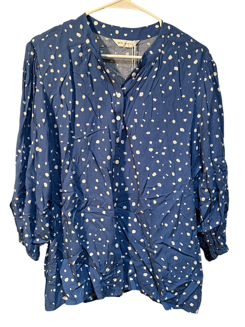 Tendency Women’s Size Medium Button Down Blouse Blue White Geometric Polka Dots